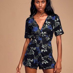 NWT LULU'S Midnight Rendezvous Black Floral Embroidered Romper Size S